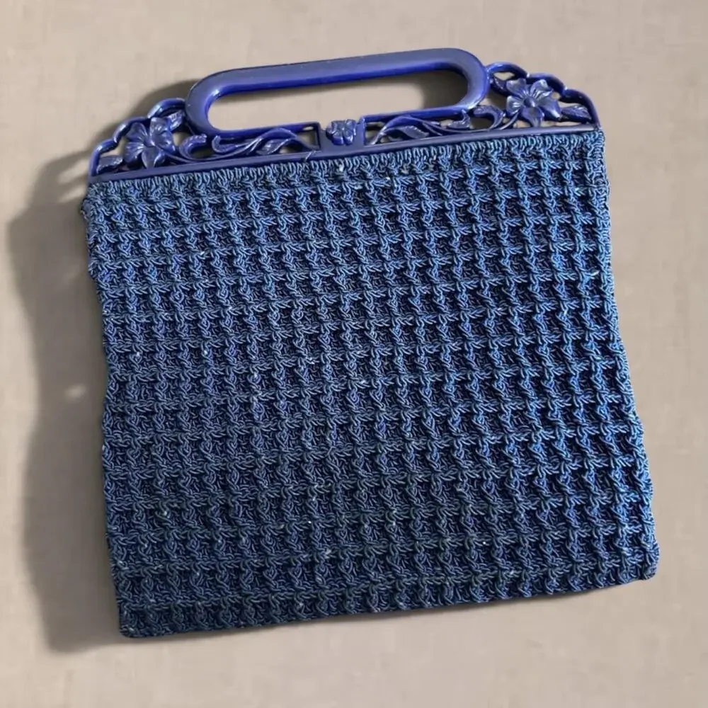 Vintage Blue Crochet Handbag with Floral Frame – Mid Century Top Handle Purse